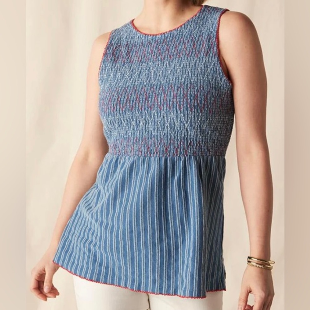 Matilda Jane Blue Smocked Tank Top with Pink Trim